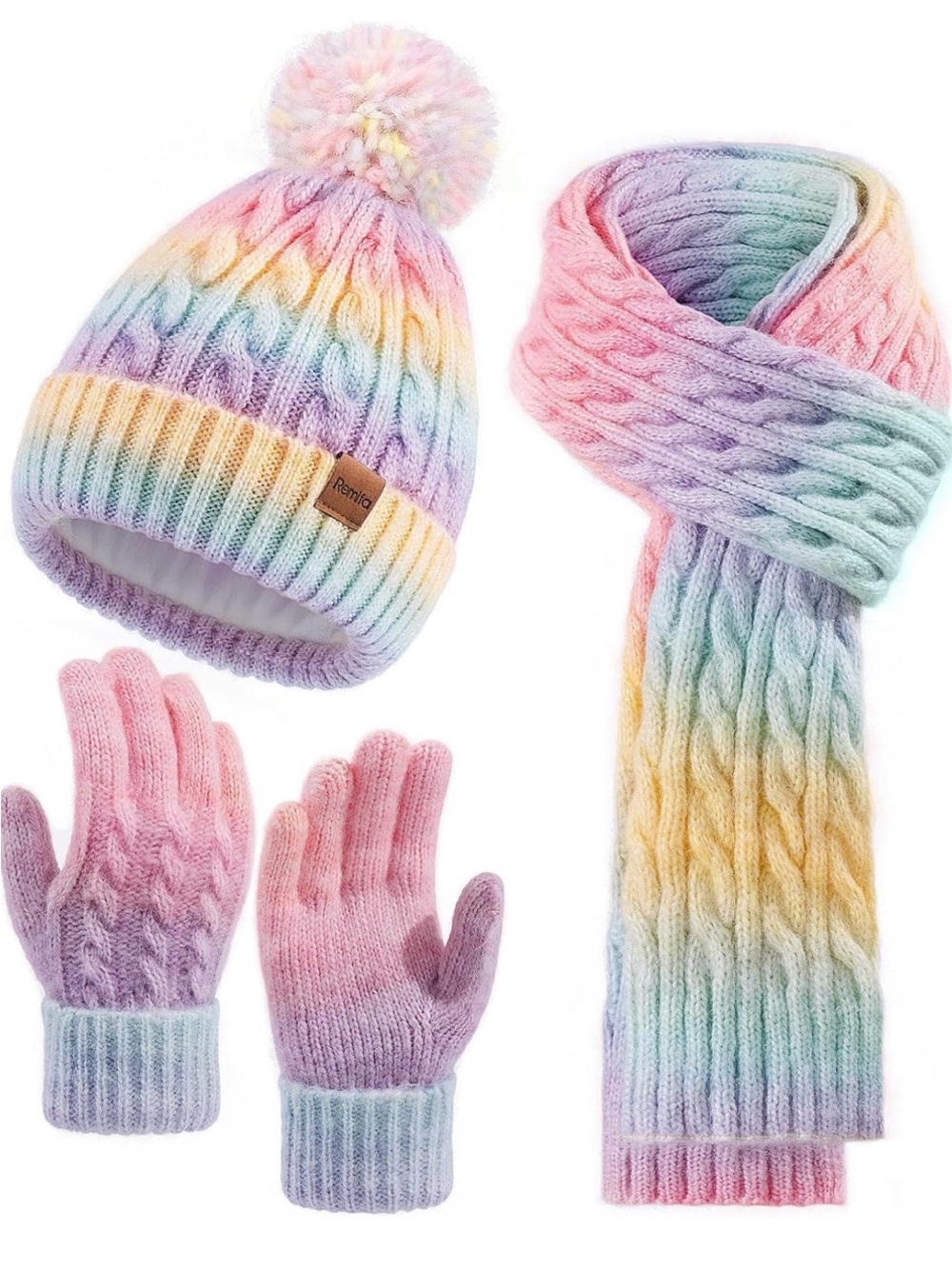 Kids Pastel Rainbow Cable Knit Hat, Scarf & Gloves Set